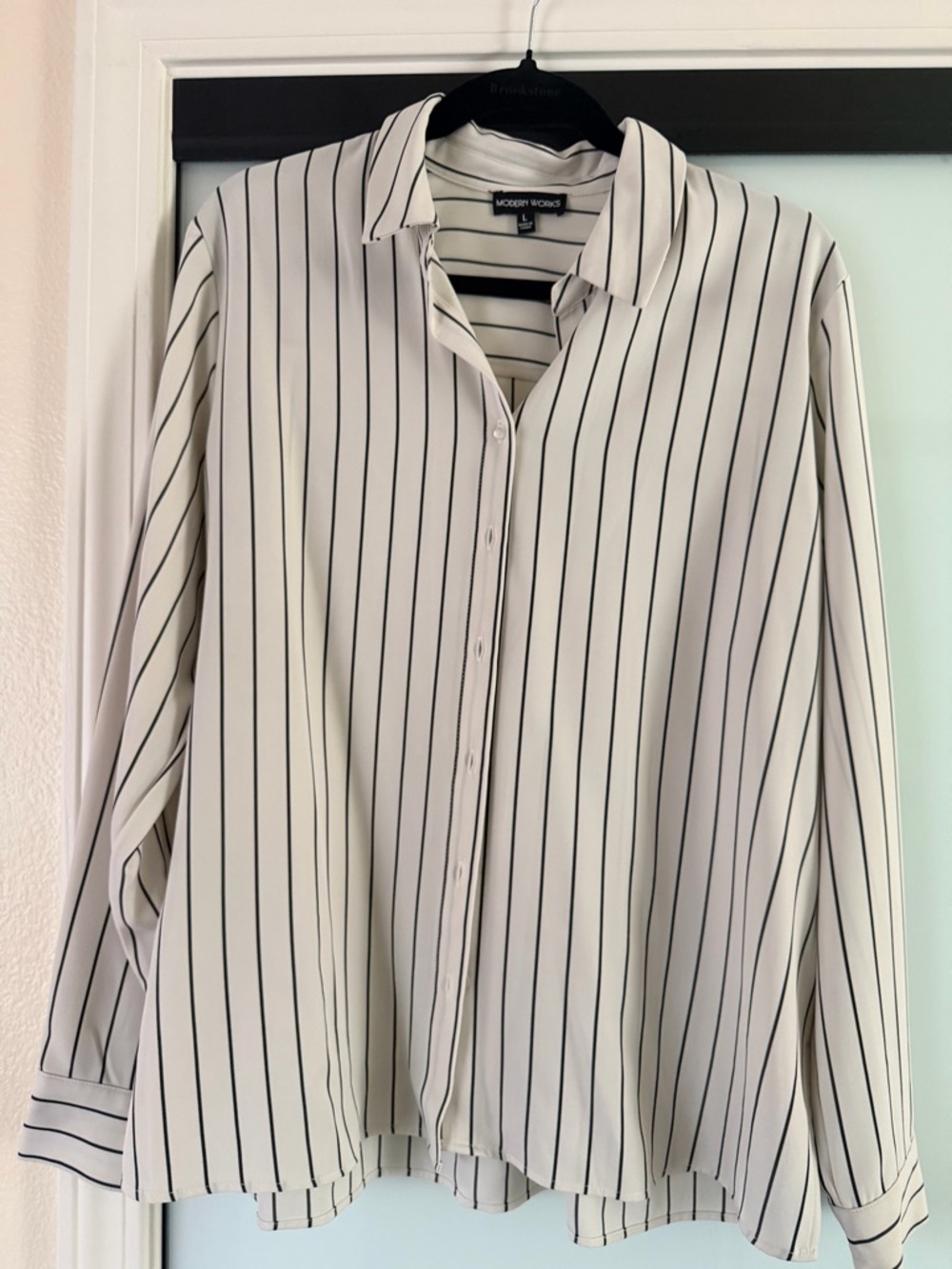 Modern Works Cream Button-Up Blouse with Black Pinstripes